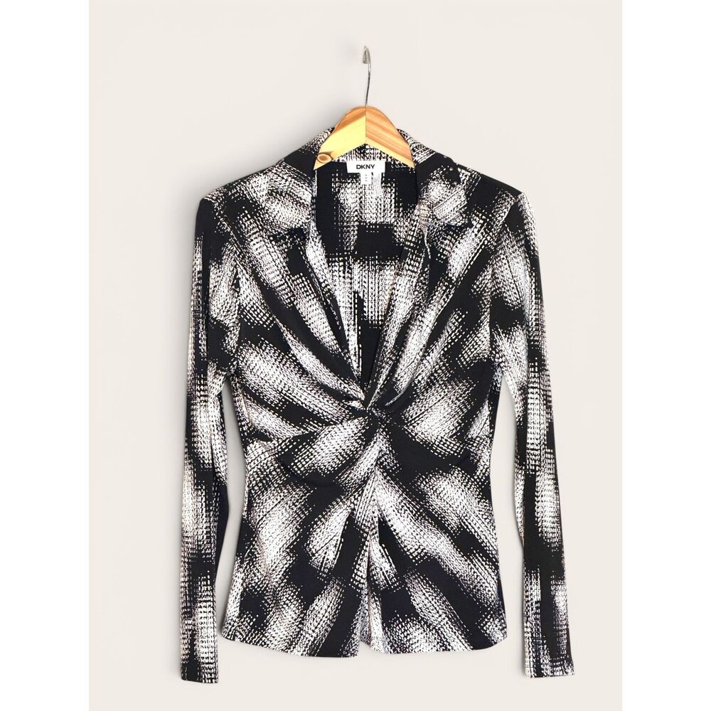 DKNY Black & White Abstract Print Twist-Front Collared Long Sleeves Top Sz M